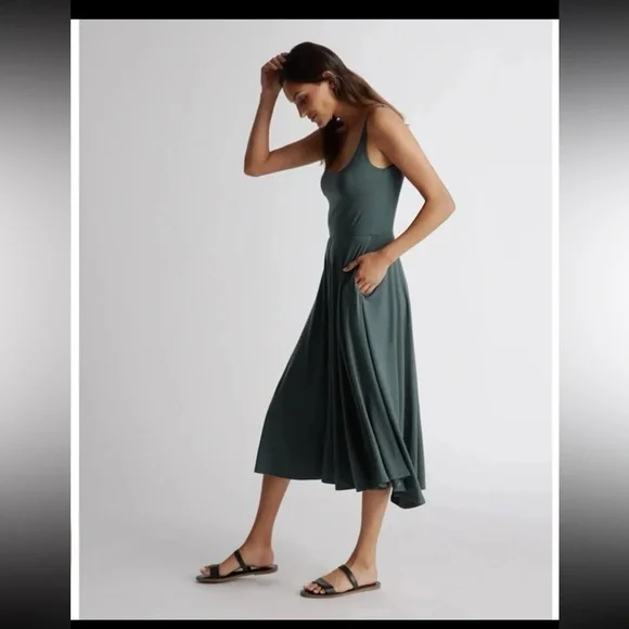 NWT QUINCE Tencel Jersey Fit & Flare Dress in Dark Olive
 size Small - Picture 3 of 12